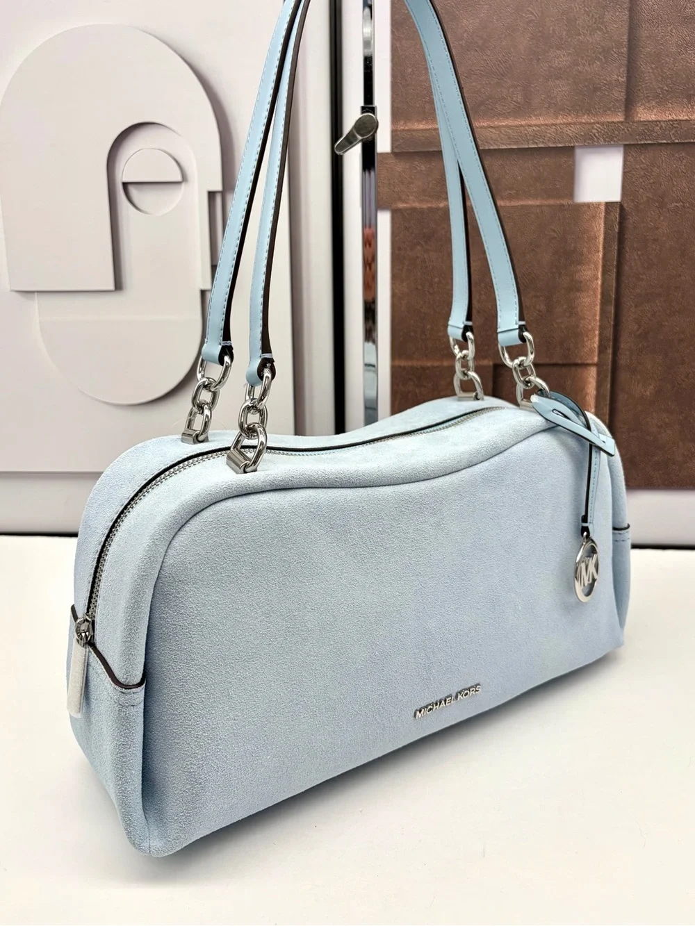 Michael Kors Cecily Light Blue Suede Shoulder Bag with MK Charm